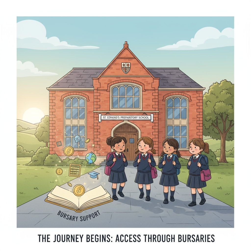 A group of children walking towards a private primary school building in the UK, representing the start of their educational journey with the hope of bursary support. Children entering a private primary school in the UK for bursary - related education