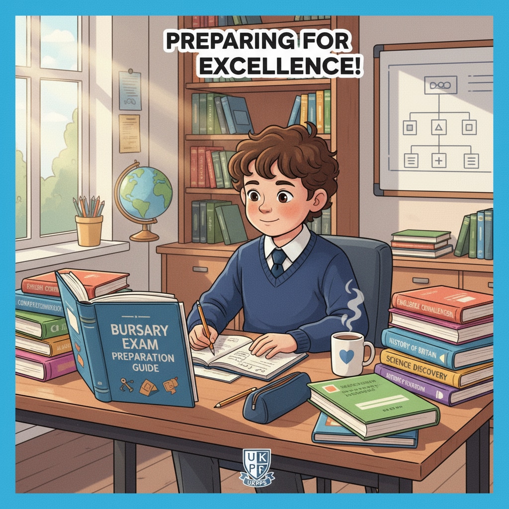 A young child sitting at a desk, surrounded by textbooks, studying hard to prepare for the bursary exams at a UK private primary school. Child preparing for private primary school bursary exams in the UK