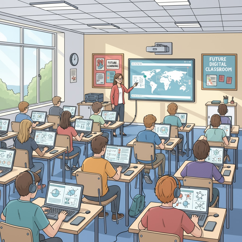 A classroom scene shows students actively using digital devices such as laptops and tablets to study various subjects, indicating the integration of digital media in secondary education. A classroom scene with students using digital devices for learning in the post-pandemic era of secondary education