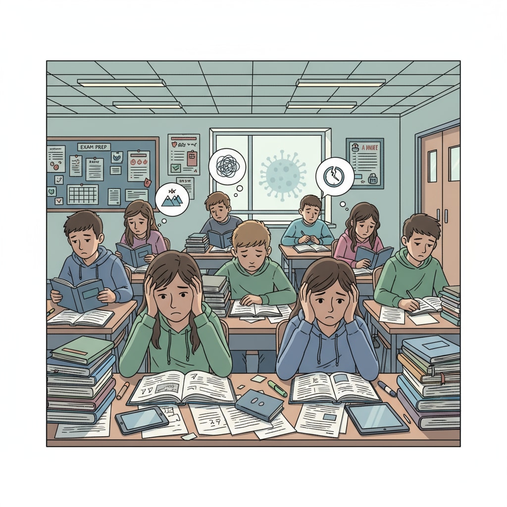 A group of students are shown with worried expressions while sitting at their desks, surrounded by books and study materials, highlighting the mental health challenges in secondary education post-pandemic. Students showing signs of stress while studying in the post-pandemic secondary education environment