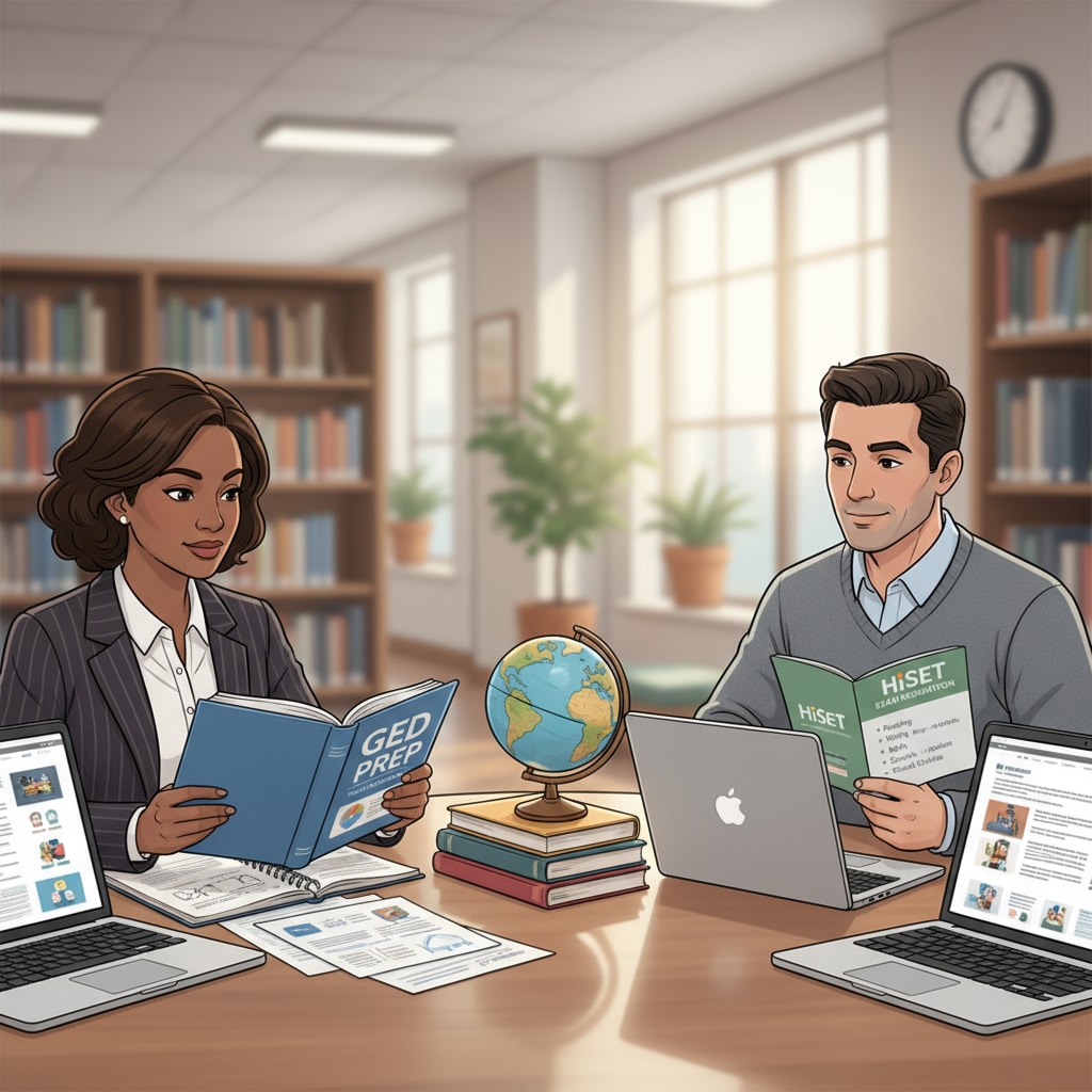 Two adults sitting at a table, one studying GED materials and the other looking at HiSet information, representing the exploration of different high school equivalency options in adult education. Adults exploring GED and HiSet options for high school diplomas in adult education