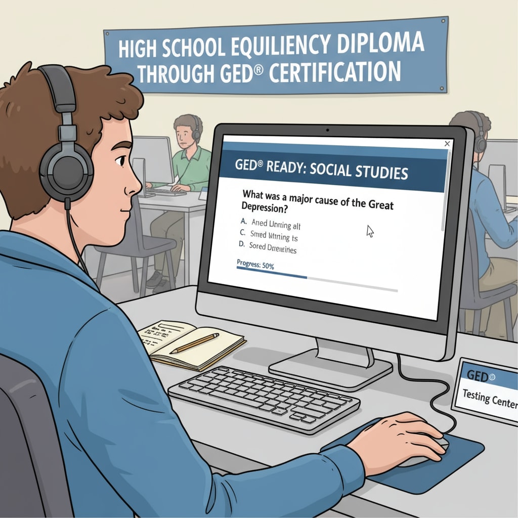 A person taking a GED computer-based test, highlighting one of the ways to obtain a high school equivalency diploma through GED certification. Person taking a GED computer-based test for high school equivalency diploma