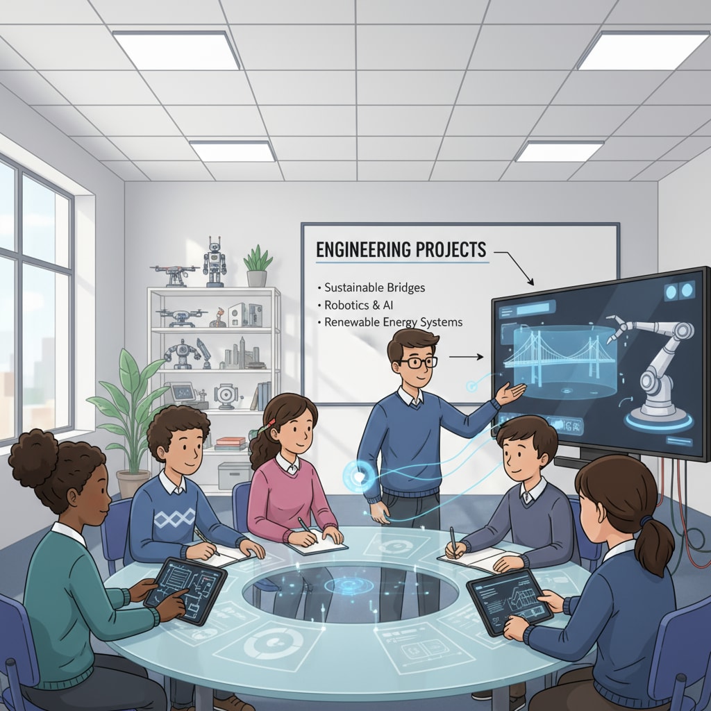 A group of students are engaged in a discussion about engineering projects in a modern classroom equipped with the latest technology. Students discussing engineering projects in a modern classroom related to alternative education in engineering and computer science