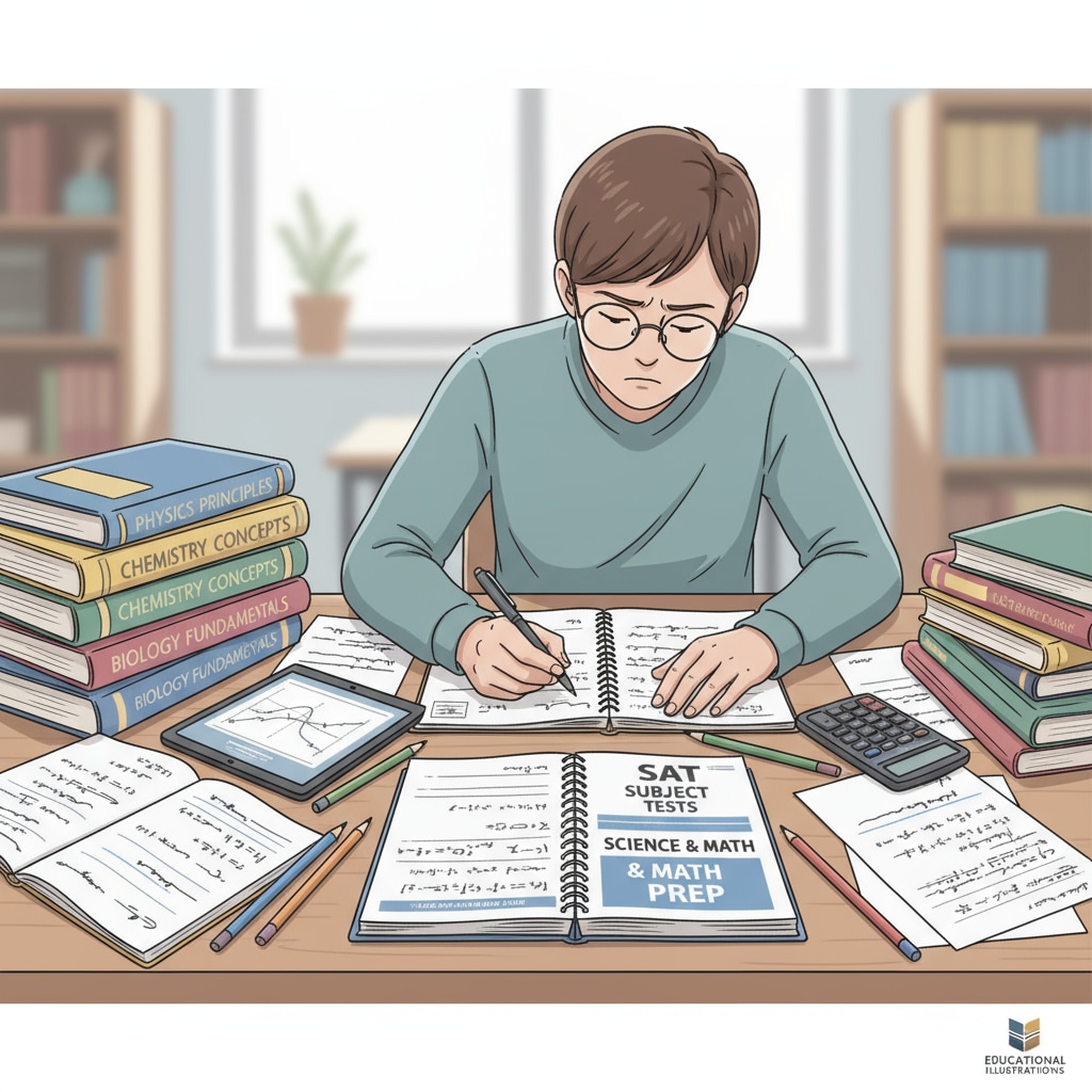 A student is sitting at a desk, surrounded by study materials, focusing on preparing for the SAT Subject Tests in science and mathematics. A student studying for SAT Subject Tests relevant to alternative education for computer science and engineering