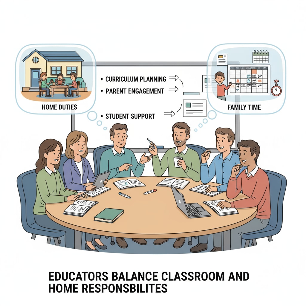 A group of K12 educators are having a discussion in a school environment. At the same time, some of them are also thinking about the responsibilities they have at home. K12 educators facing the blurring of workplace and family boundaries while dealing with children's behavior