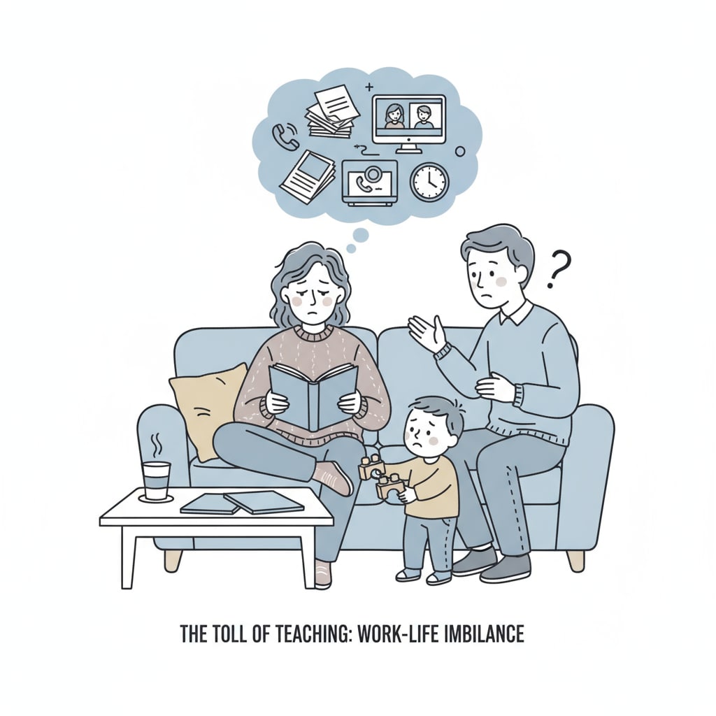 An educator is sitting at home looking exhausted. Their mind is occupied with thoughts related to work, which is affecting their family time. An educator suffering from the invasion of work stress into family time due to children's behavior at work