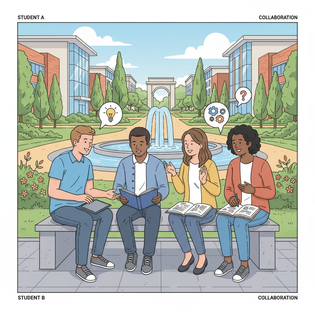 A group of students are engaged in a lively discussion on a beautiful European university campus, with modern buildings and greenery in the background. Students discussing on a European university campus related to university major selection with math and programming abilities for European study