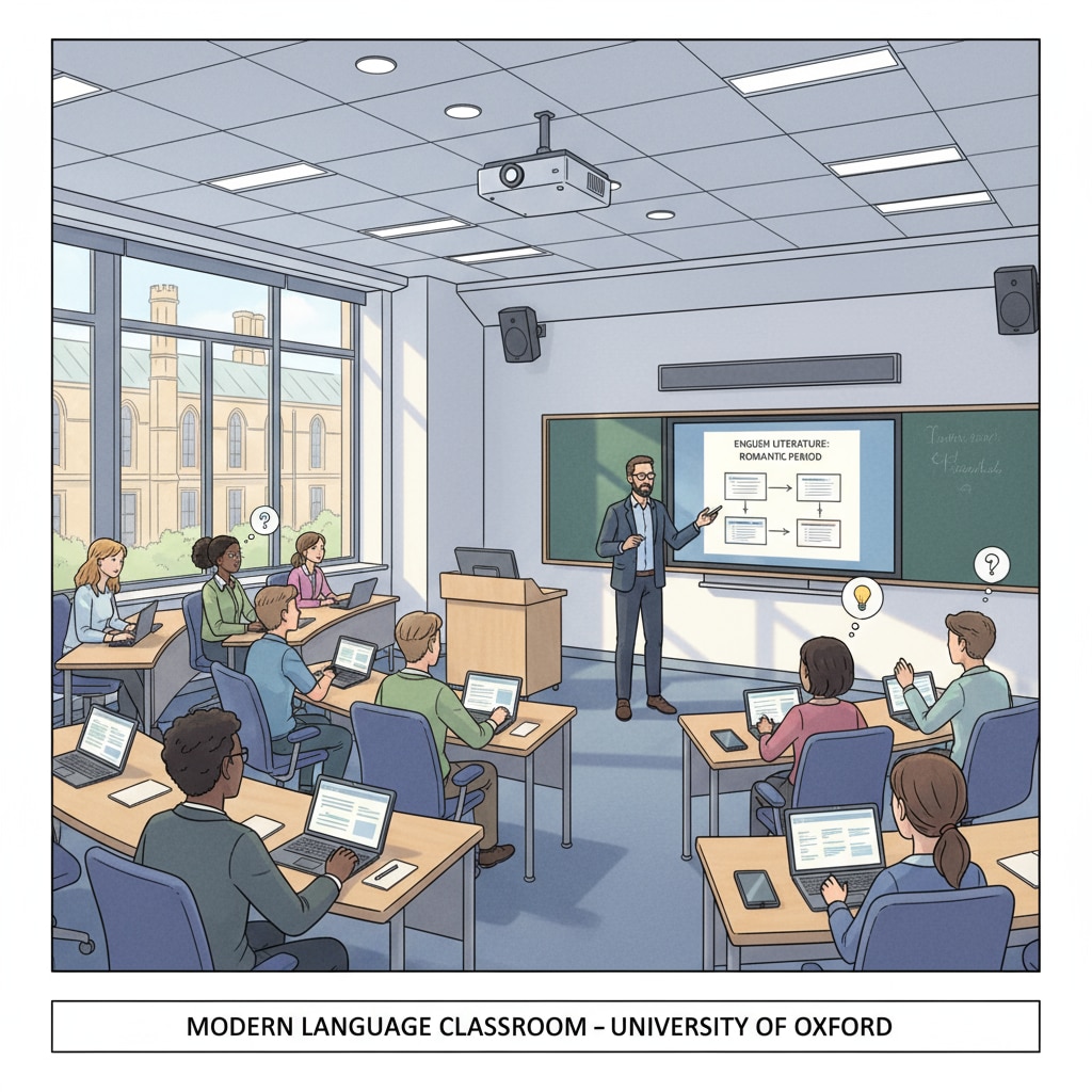Students are attentively listening to a professor in an English-taught class in a European university. The classroom is equipped with modern teaching facilities. Students attending an English-taught class in a European university for those with math and programming abilities considering European study