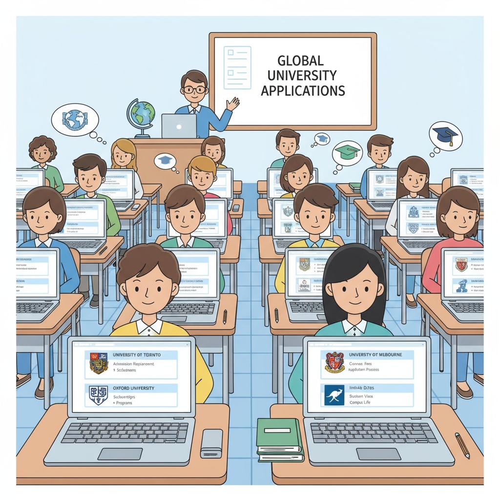Students are sitting at their desks, using laptops to research different overseas universities, with open tabs showing university websites and application requirements. Students researching overseas universities for their applications, considering scholarship needs and potential online extracurriculars.