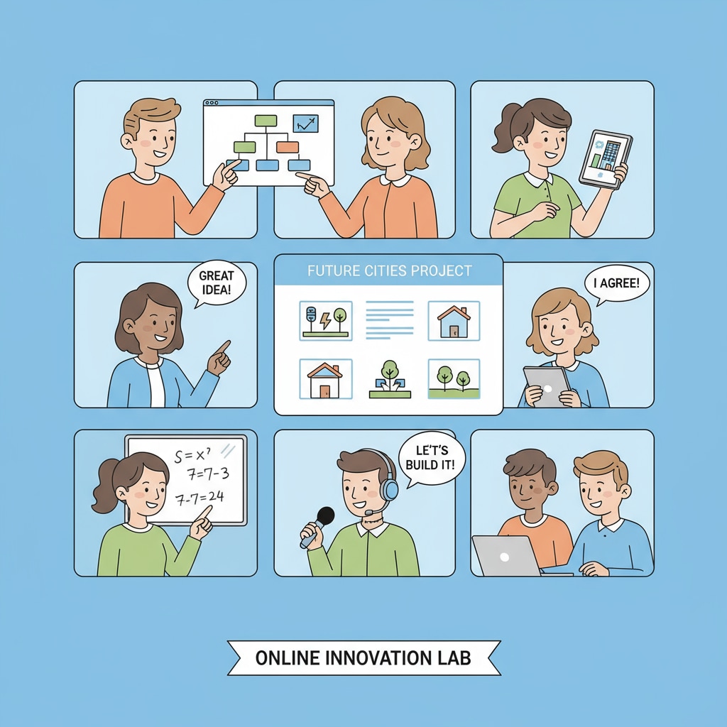 A group of students are participating in an online extracurricular activity. They are on video calls, actively discussing and presenting ideas related to a project. Students engaged in an online extracurricular activity relevant to their overseas university application and scholarship goals.