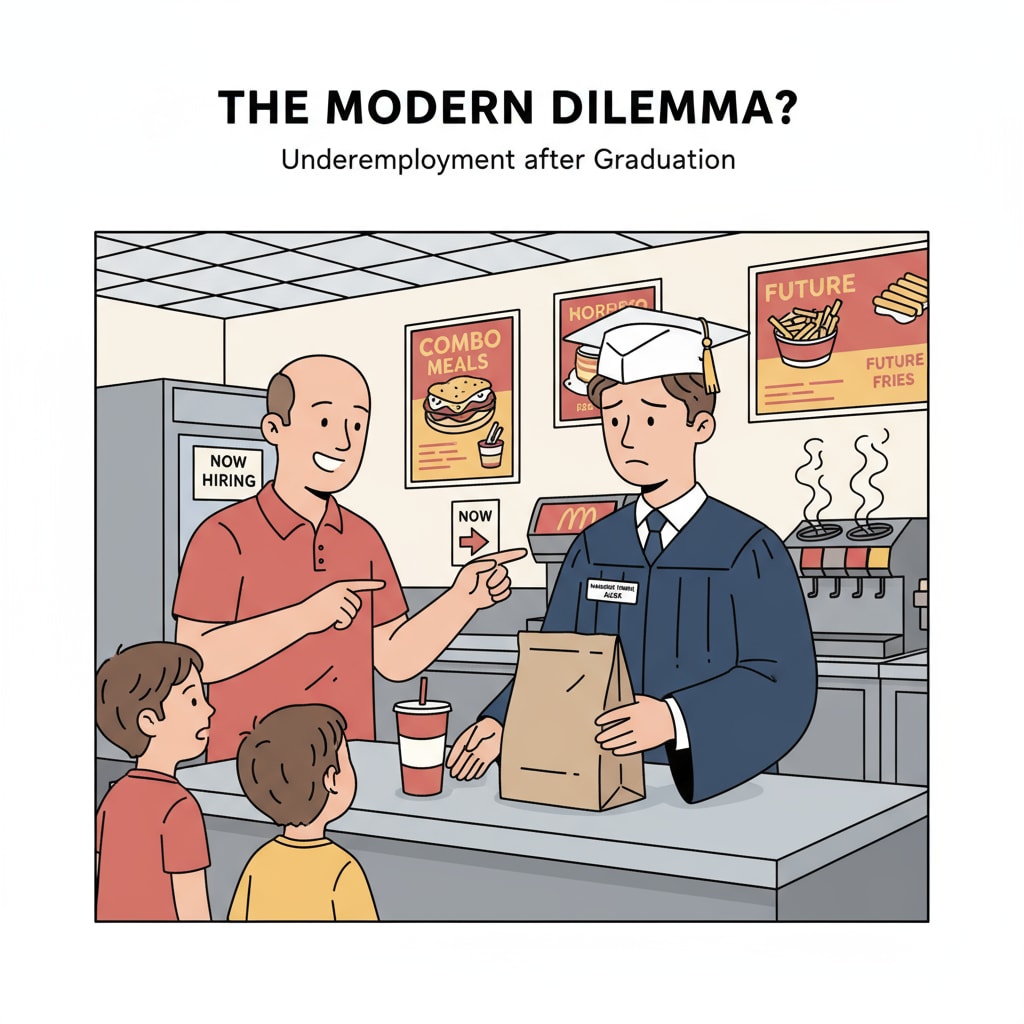 A young person with a graduation cap and gown is serving customers at a fast-food counter, looking a bit disappointed. A graduate working in a job not matching their university degree in the job market and career development context