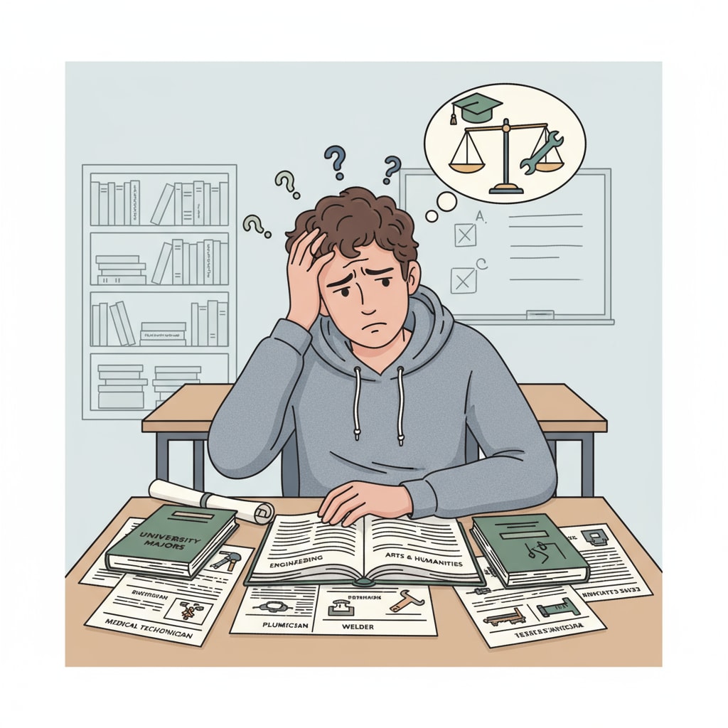 A student is sitting at a desk, looking perplexed with college major lists and trade job descriptions spread out in front, symbolizing the difficult decision-making process. A student facing the dilemma of choosing between college majors and technical trades for career choices, high-paying jobs, and employment prospects