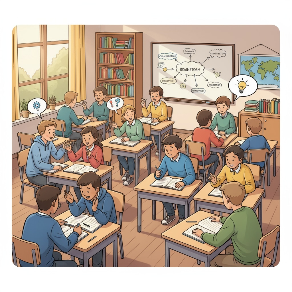A classroom scene where students are actively engaged in discussions, notebooks open, and sharing ideas. This shows the active learning environment promoted by ultralearning. K12 students actively learning in a classroom, demonstrating ultralearning
