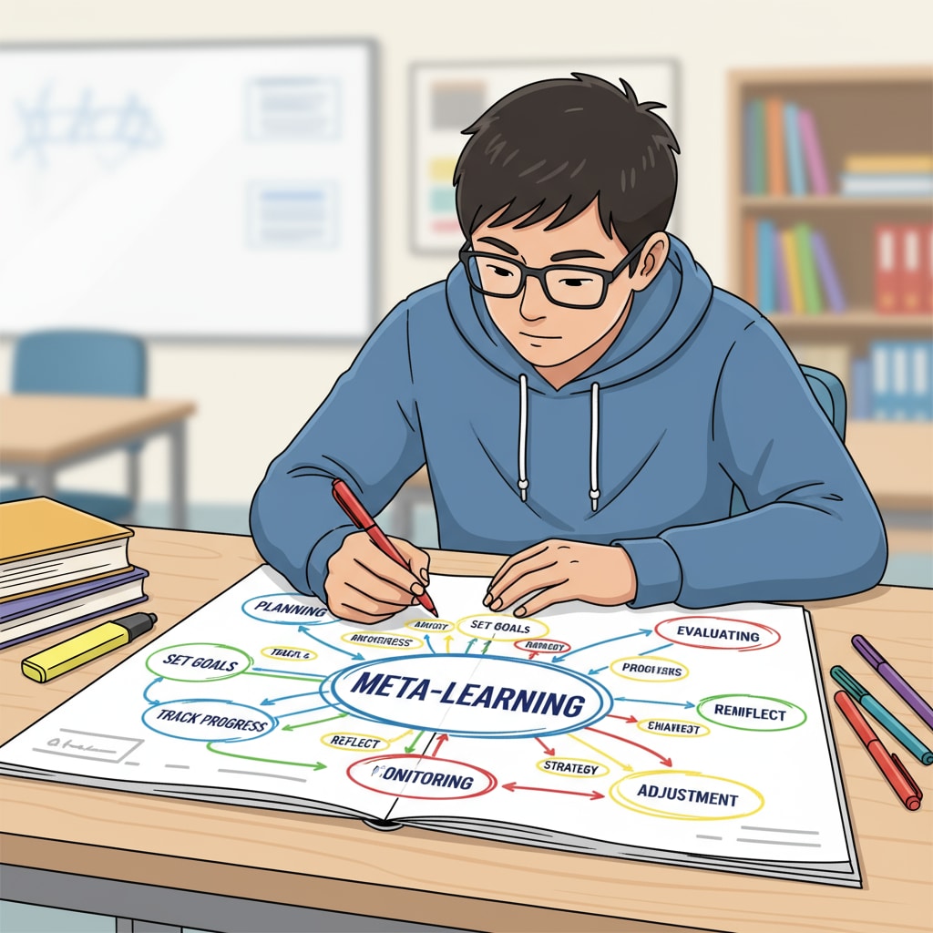 A student sitting at a desk, carefully constructing a mind map with colored pens, highlighting different concepts. This represents the use of meta-learning. Student using meta-learning by creating a mind map