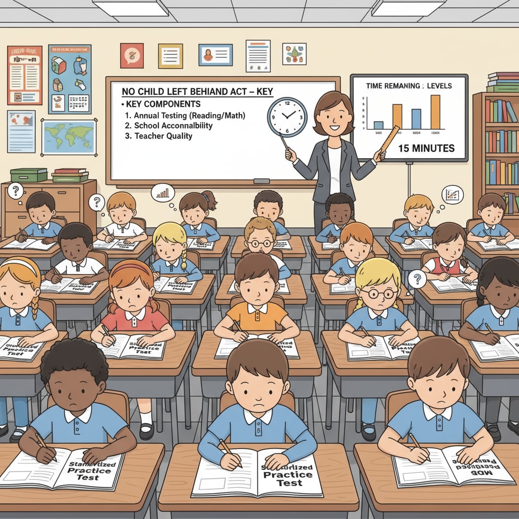 A classroom scene where students are sitting at desks, focusing on practice tests related to the NCLB Act's standardized testing requirements. Classroom scene of students preparing for NCLB Act-related standardized tests