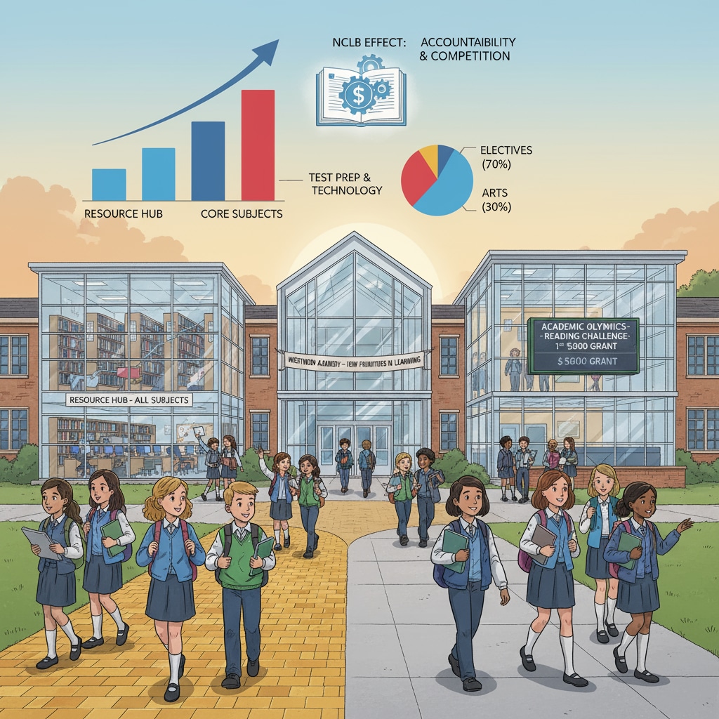 A school building with students walking in, symbolizing the new school culture influenced by the NCLB Act, including changes in resource allocation and competition. School building representing the new school culture due to the NCLB Act