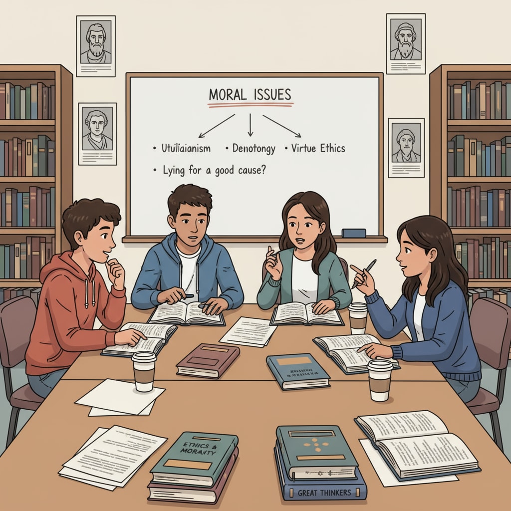 Students discussing moral philosophy, ethics, empathy in a classroom as part of their compulsory courses