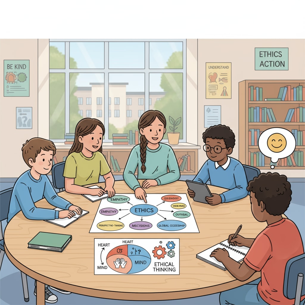 Students working on an ethics project related to moral philosophy, empathy as part of their compulsory curriculum