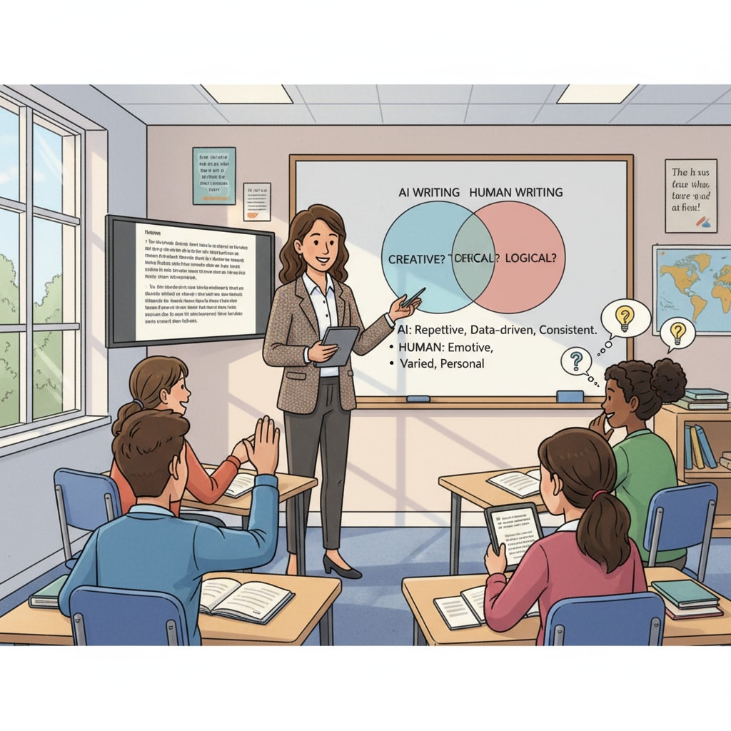 English teacher leading a discussion on AI and human writing in the classroom related to AI writing, authenticity, and teaching methods