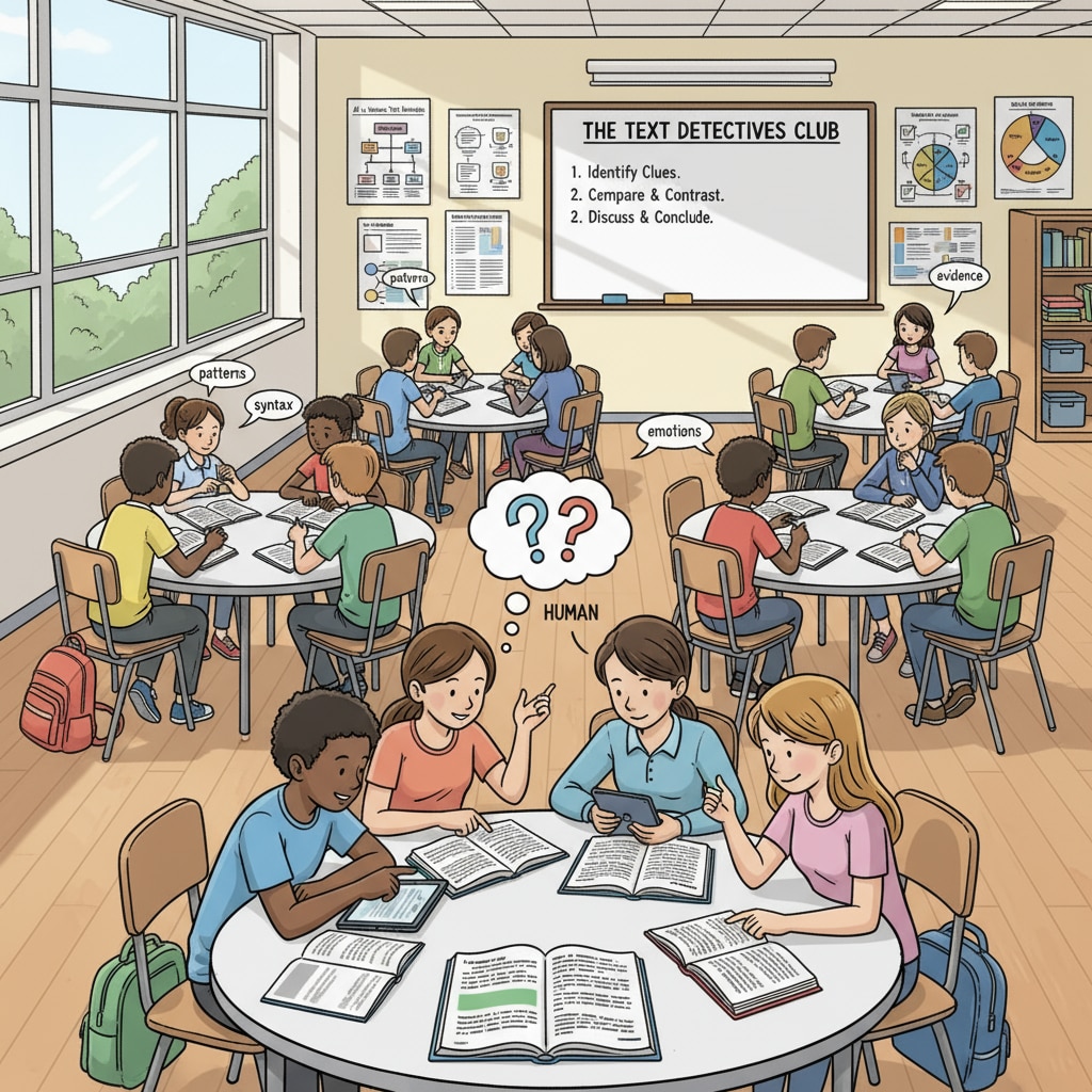 Students analyzing texts to tell the difference between AI and human writing, relevant to AI writing, authenticity, and teaching methods