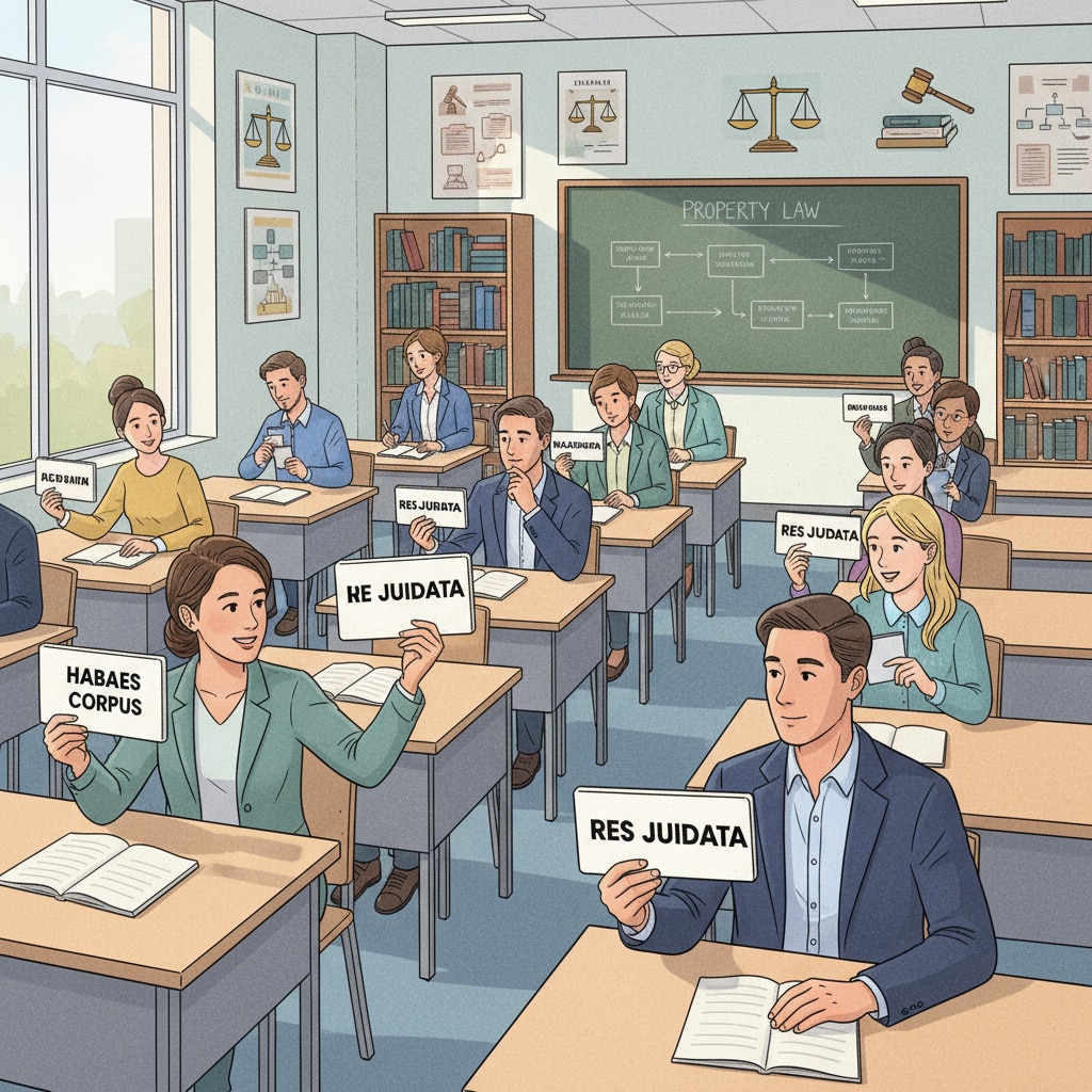 Students are sitting at desks, using flashcards to quiz themselves on legal terms, demonstrating active recall in a legal learning setting. Students using flashcards for active recall in legal learning