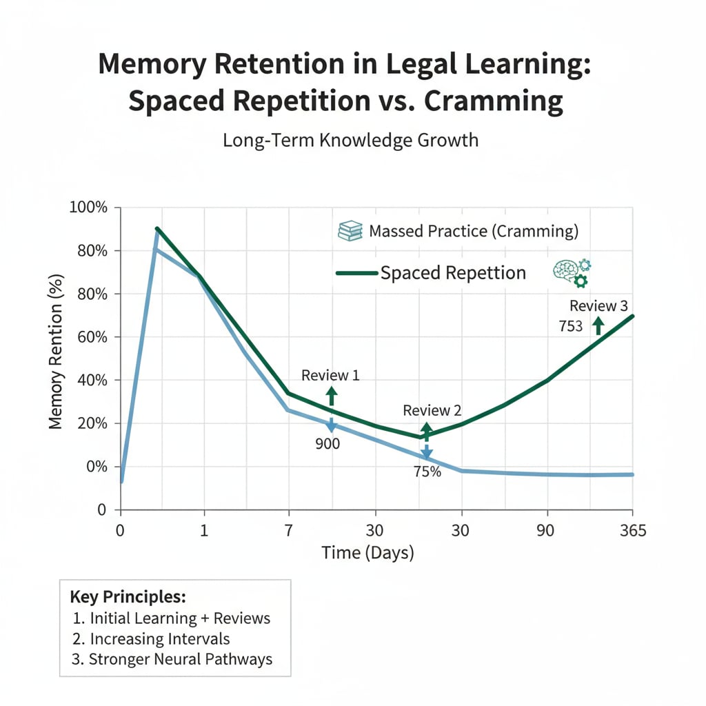 A line graph with the x-axis representing time and the y-axis representing memory retention. The graph shows how spaced repetition leads to better long-term memory in legal learning. A graph showing the effectiveness of spaced repetition in legal learning