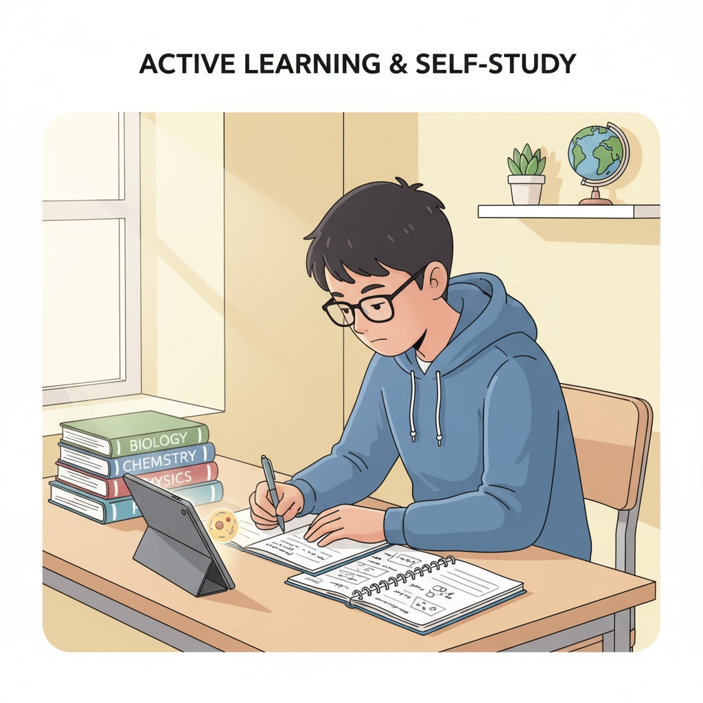 A student is sitting at a study desk. There are books and notebooks neatly arranged in front of them. The student has a focused look and is deeply engaged in self-study. A student engaged in self-education to improve after poor high school grades for a better quality of life