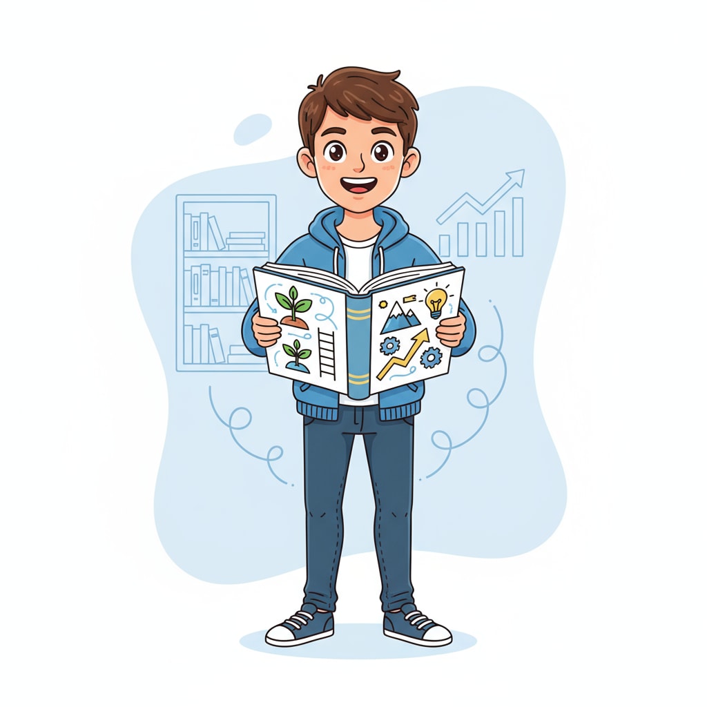 A young person with a big smile on their face, radiating confidence. They are holding a book, symbolizing their journey of self-improvement. A confident young person on the path of self-education after high school struggles for an enhanced quality of life