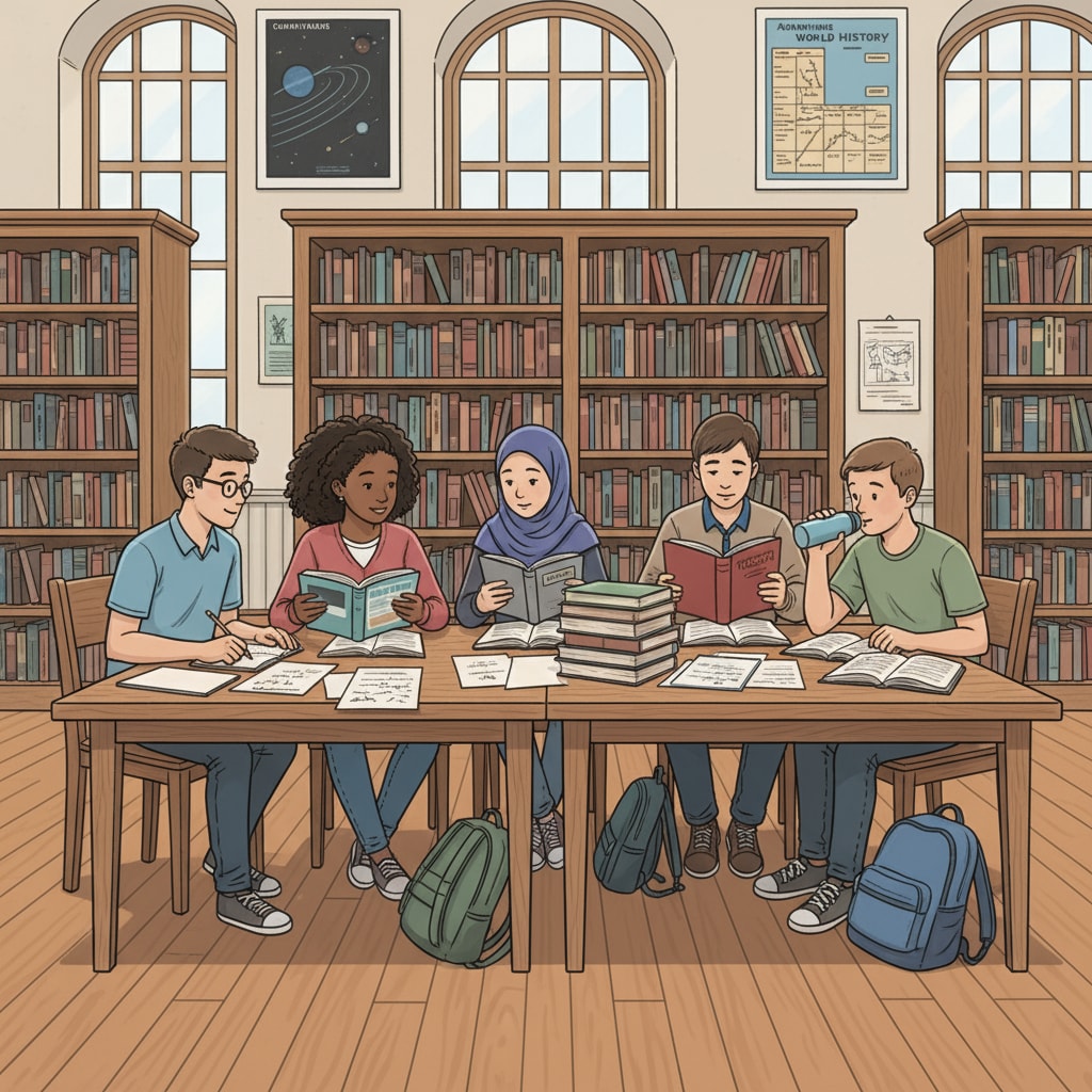 A group of high school students are sitting at tables in a library, surrounded by books and notebooks, engaged in focused study. High school students studying together to overcome learning gaps