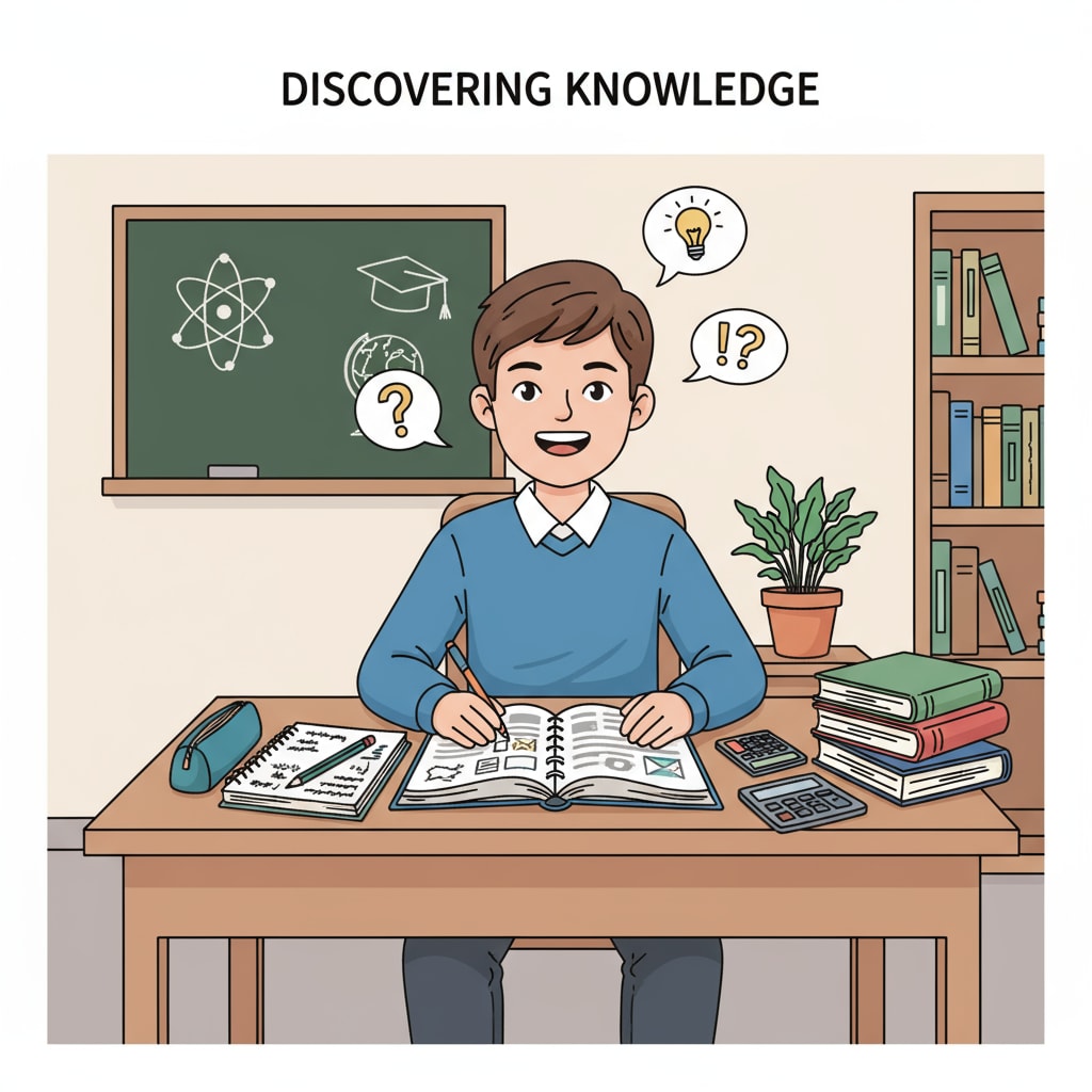 A young high school student is sitting at a desk, smiling brightly, with books and papers neatly arranged in front of them, showing a positive attitude towards learning. A confident high school student during the educational remedy process