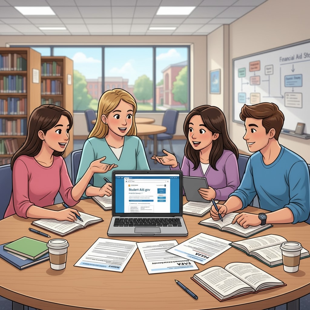 A group of students sitting around a table, discussing the FAFSA application process for their nursing prerequisite courses. They are looking at papers and having an animated conversation. Students discussing FAFSA application for nursing prerequisites