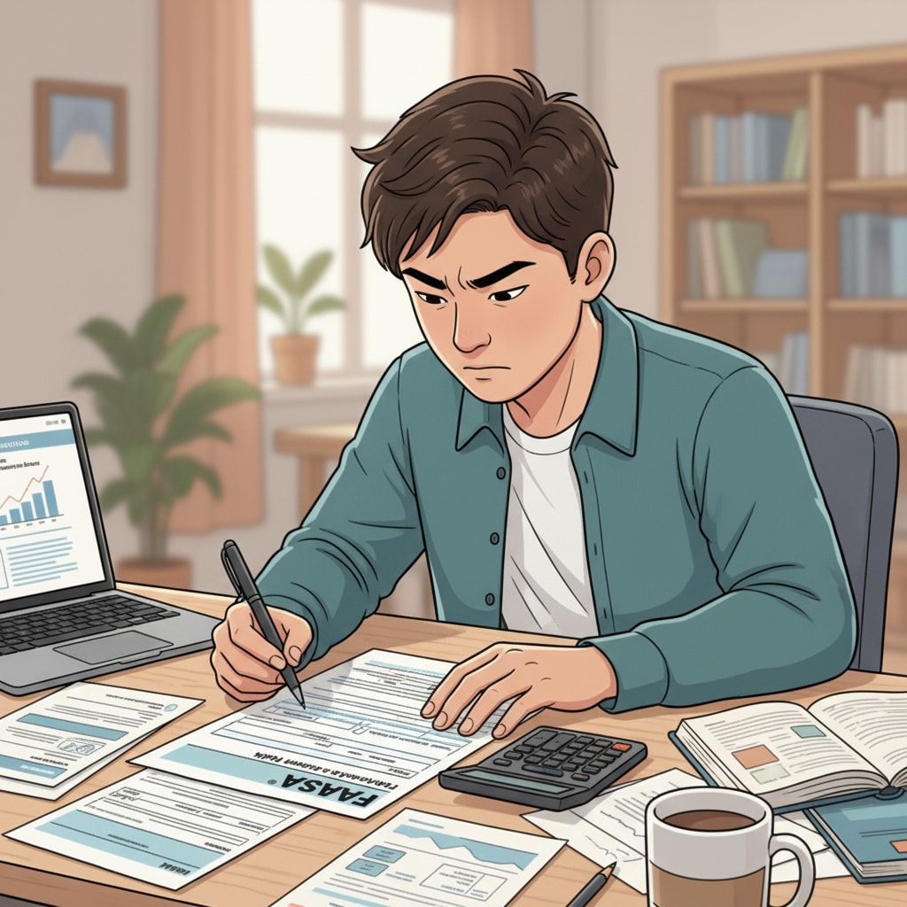 A close-up of a student sitting at a desk, carefully filling out the FAFSA form. The student has a pen in hand and is focused on the document. A student carefully filling out the FAFSA form