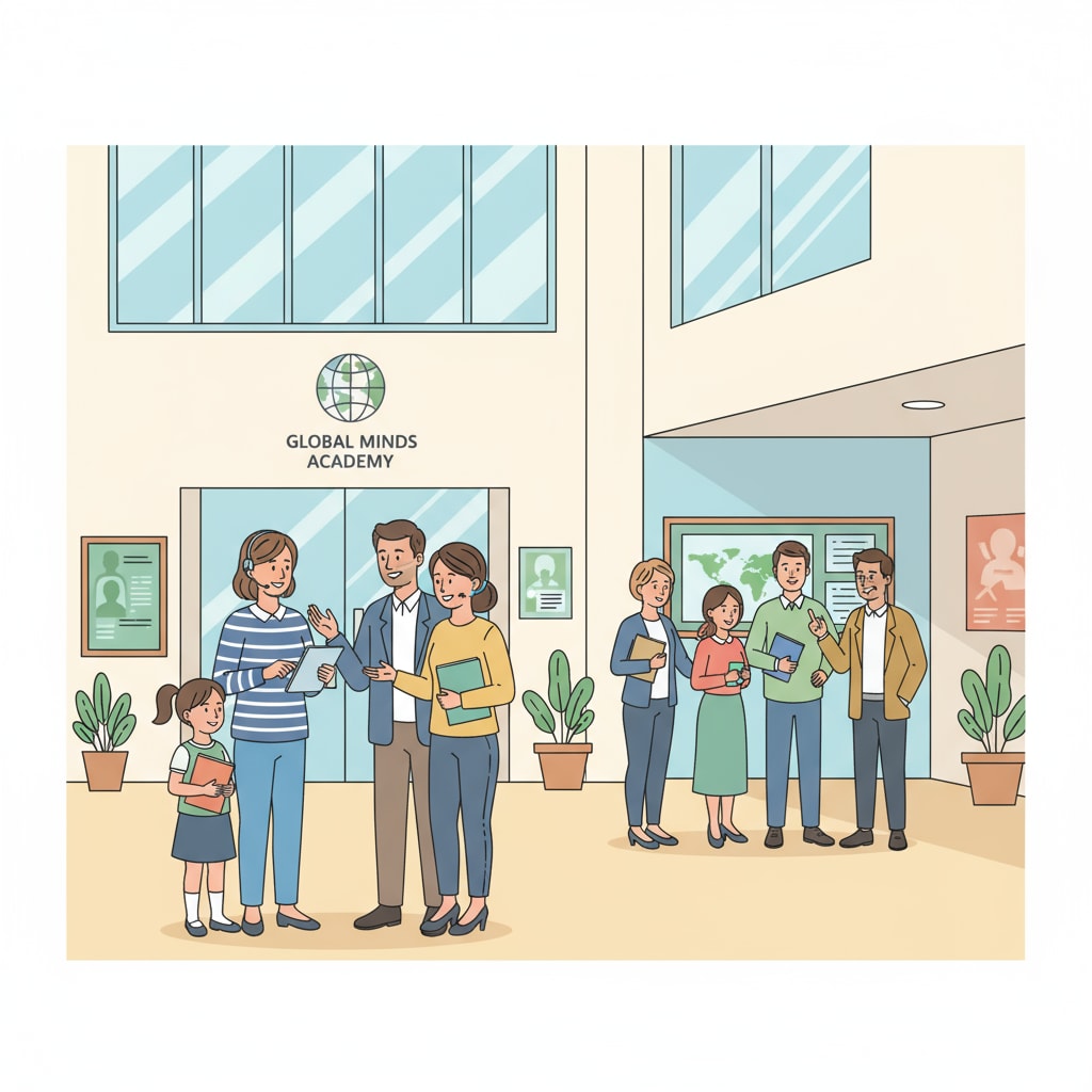 A scene where parents and teachers are having a friendly conversation in an international school, representing effective school communication. Parents and teachers communicating in an international school for better information sharing and school communication.