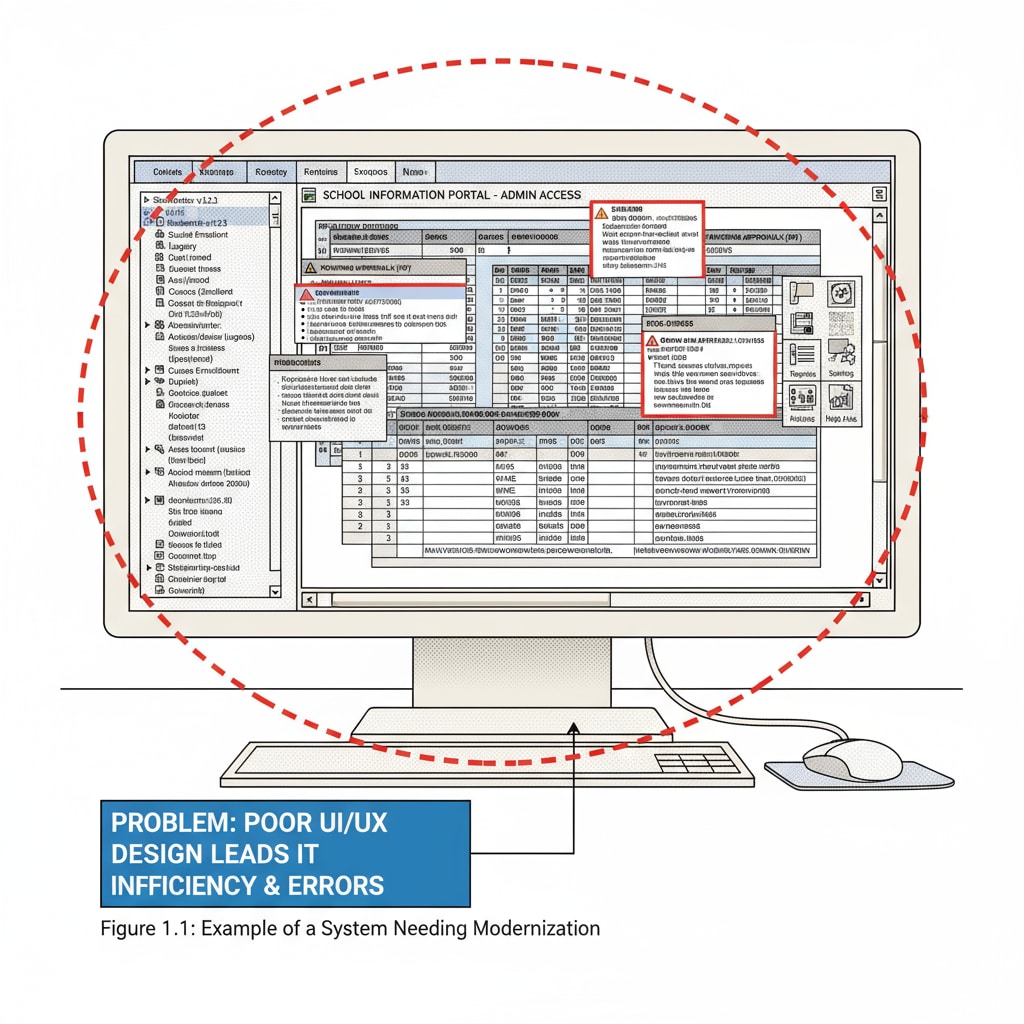 A screenshot of a complicated and unappealing interface of a school information management system, highlighting the need for improvement. Complex interface of a school information management system that requires enhancement for better parent information acquisition.