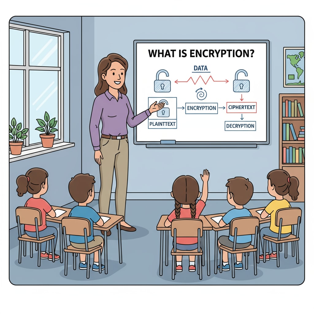 A teacher is standing in front of a simple diagram on the whiteboard, explaining the concept of encryption to a group of K12 students. A teacher using a teaching method to explain encryption, an important part of cybersecurity education, to K12 students, promoting student engagement.