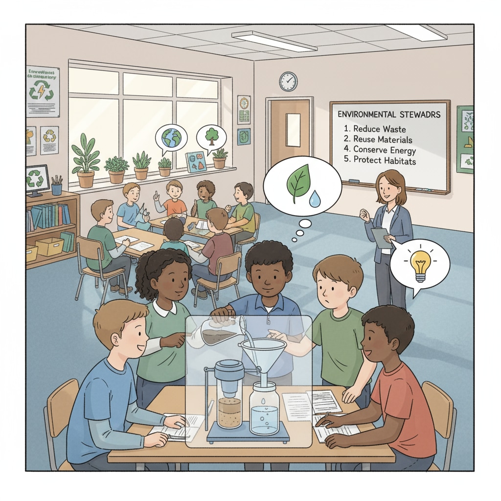 A classroom scene with students actively engaged in environmental protection learning activities, including discussions and hands-on experiments. K-12 students learning conservation education in a classroom, related to sociological research on environmental protection.