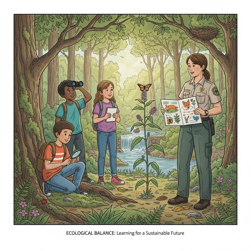 Students exploring the natural environment, observing plants and animals, and learning about ecological balance as part of their conservation education. K-12 students participating in outdoor conservation education activities, relevant to sociological research on environmental awareness cultivation.