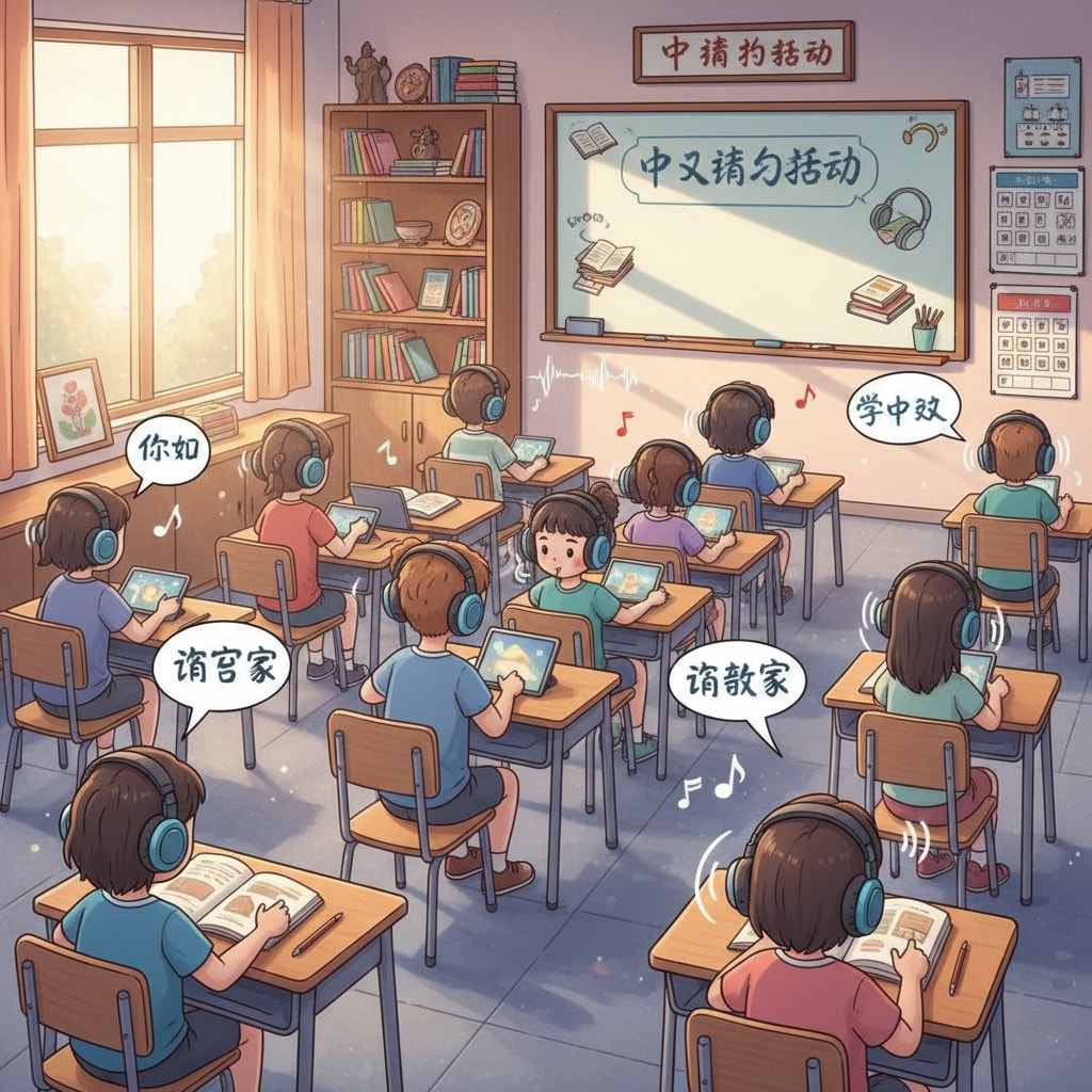 Students listening to audiobooks for Chinese language learning