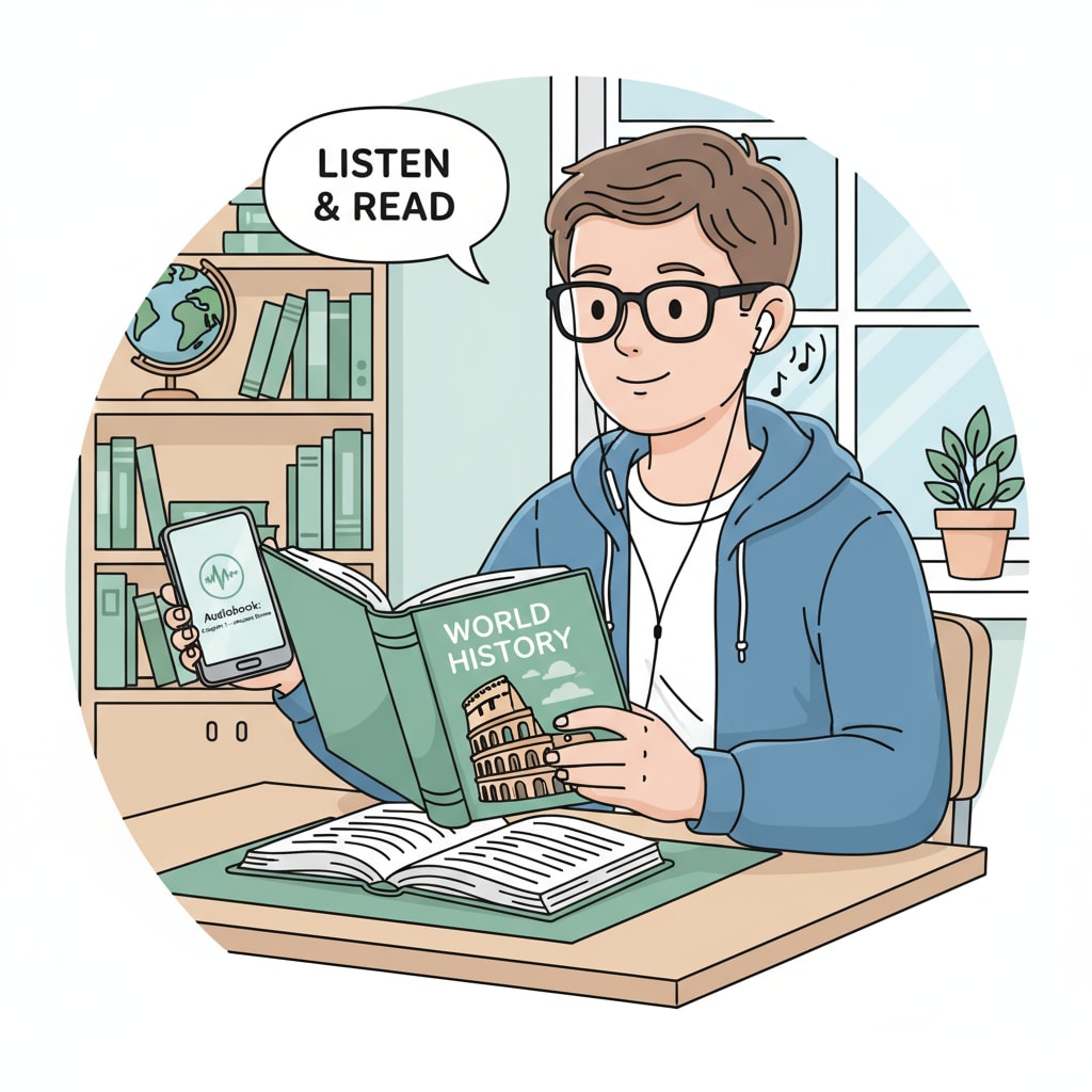 Student using both a book and an audiobook for Chinese language study