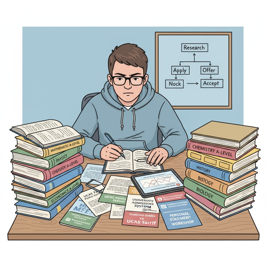 A student is sitting at a desk, surrounded by books related to A-Level subjects and materials about UCAS points, looking focused and determined. A-Level student studying for UCAS points