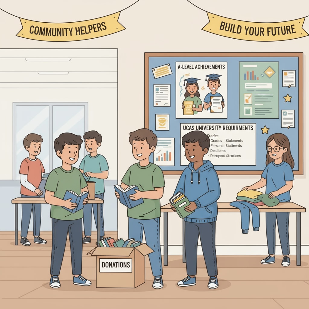 A group of students are engaged in volunteer work at a local community center. There are posters and materials related to A-Level achievements and UCAS requirements in the background. Students doing volunteer work for UCAS points related to A-Level