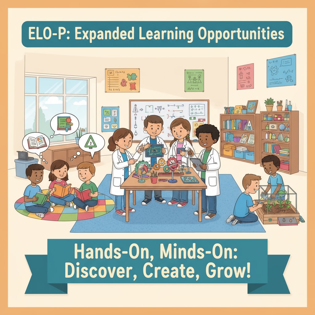 A group of students are actively involved in an after-school learning activity that is funded by the ELO-P program. They are engaged in discussions and hands-on tasks, demonstrating the learning opportunities provided by the program. Students participating in an ELO-P funded after-school learning activity related to educational funding and extended learning
