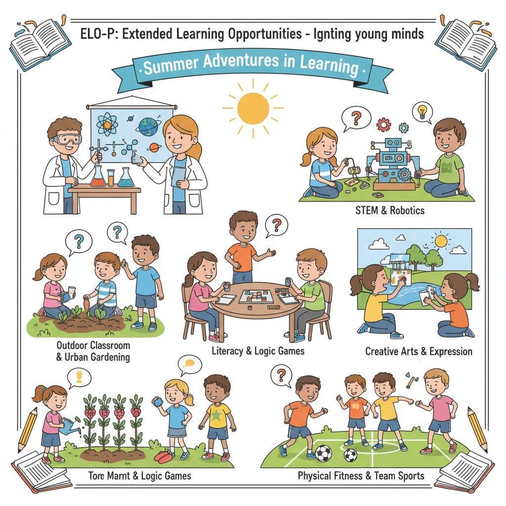 Students are enjoying a summer learning program under the ELO-P initiative. They are participating in various educational and recreational activities, highlighting the benefits of extended learning opportunities. Students in an ELO-P summer learning program showcasing educational funding and extended learning benefits