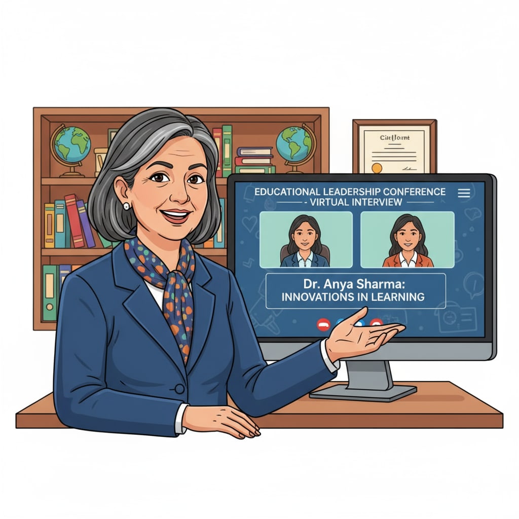 An experienced educator smiling while sharing insights during a virtual interview. Educator sharing knowledge during an urban education interview for a university project.