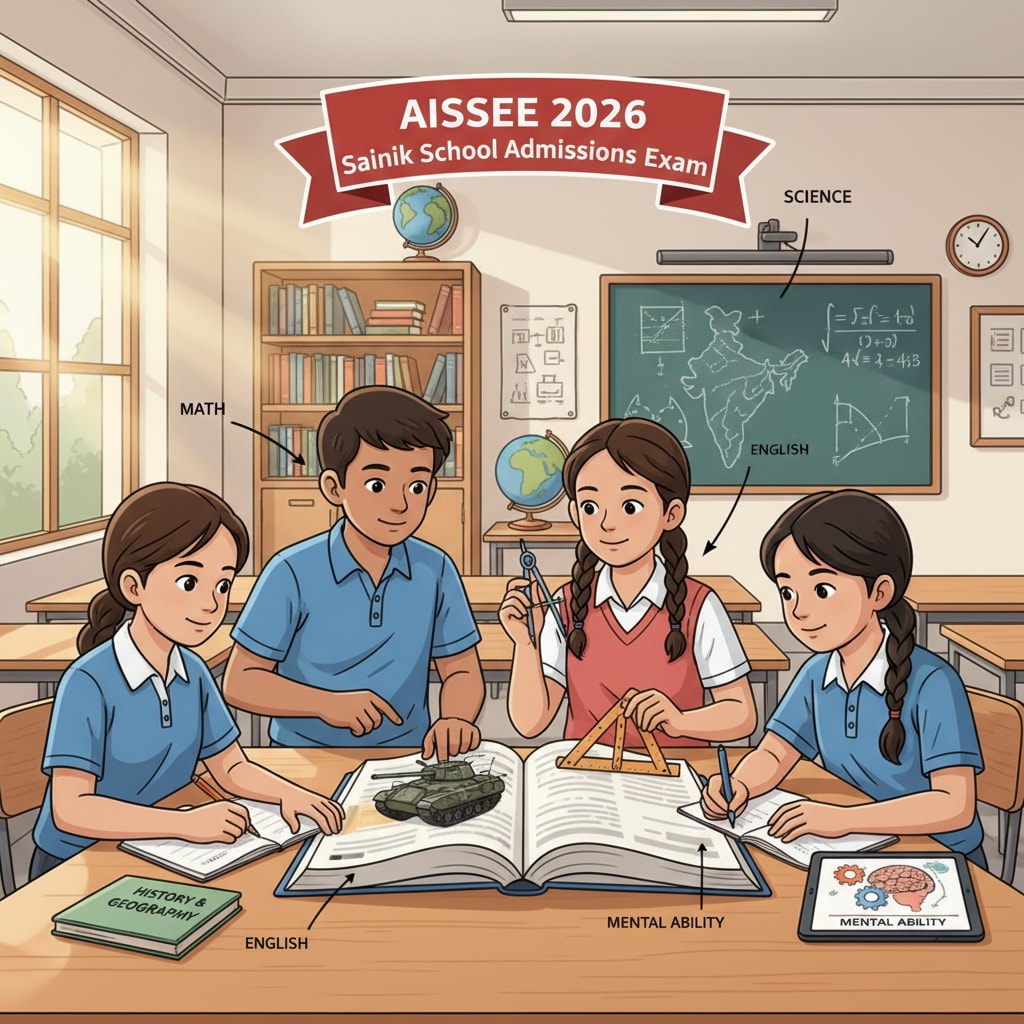 A group of students studying together in a classroom, preparing for the AISSEE 2026 Sainik School admissions exam. Students preparing for AISSEE 2026 Sainik School admissions exam
