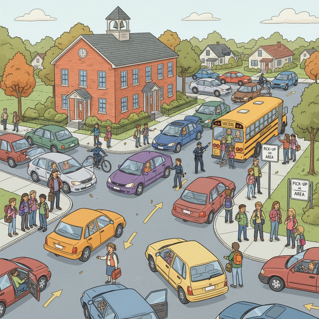 A busy scene of traffic congestion around a small town school during the pick-up time, with cars parked haphazardly and students waiting. Traffic congestion around small town school during pick-up related to school drop-off and pick-up, traffic congestion, school bus system