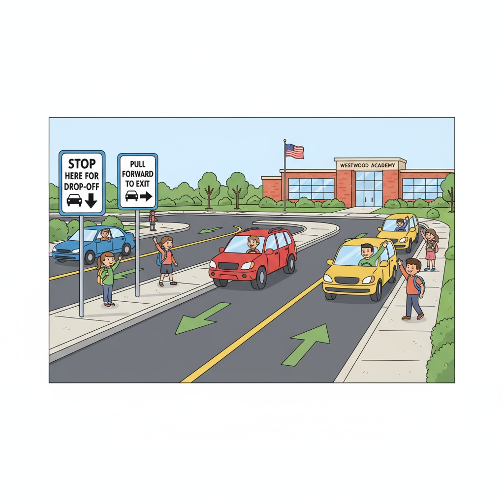 A newly renovated school drop-off area with clear signs indicating where to stop and sufficient space for cars to pull in and out smoothly. Renovated school drop-off area related to school drop-off and pick-up, traffic congestion, school bus system