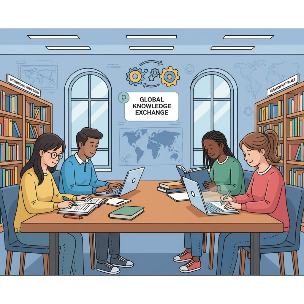 International students are sitting in a university library, studying diligently. Some are reading books, while others are taking notes on their laptops. International students studying in a university library after facing academic failure and looking forward to returning to their studies.