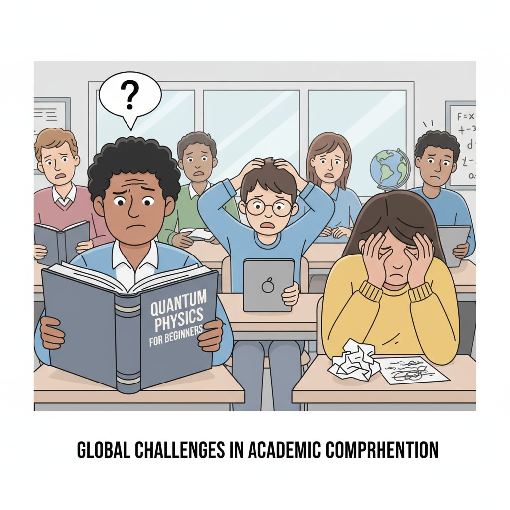 In a classroom, international students are looking confused. Some are frowning, and others are scratching their heads, indicating their struggle with the academic content. International students in a classroom facing difficulties due to academic challenges that may lead to failure.