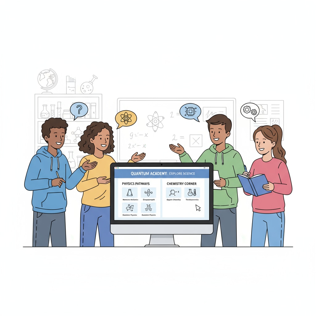 A group of high school students are gathered around a computer. The screen shows various online science courses related to physics and chemistry, with some diagrams of scientific concepts. They are engaged in a discussion, pointing at the screen and expressing their thoughts about which subject to choose. High school students discussing physics and chemistry online learning choices in the context of the health field